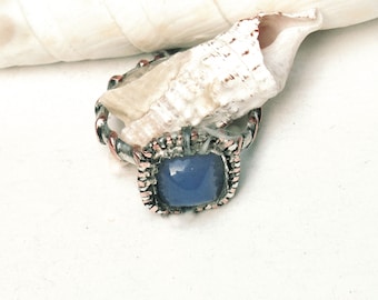 Square natural blue chalcedony ring sterling silver, copper, mixed metal, sized to order