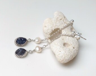 Raw iolite earrings, stone on chain dangle, sterling silver, white pearl