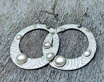 Water Drop Hoop Earrings, Fine Silver 999, White Cubic Zirconia cabochon stones
