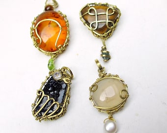 Zodiac pendant birthstone, wire wrapped amber, genuine sapphire, peridot, tigers eye, crystal, Leo, Virgo