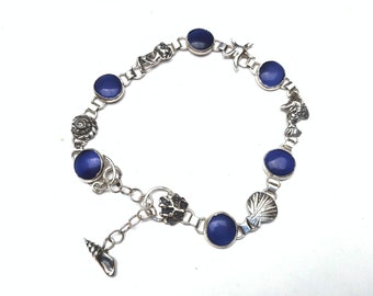 Sterling chain stone bracelet, sea animal charms, dark blue cats eye round cabochons, frutti di mare statement jewelry piece
