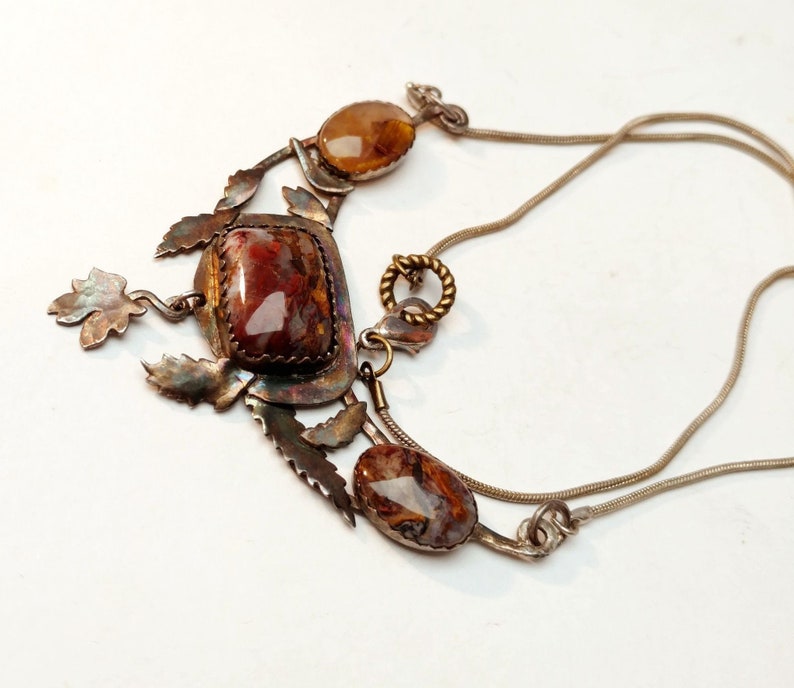 Rustic necklace, red rusty pietersite, oxidized silver, fallen leaves autumn style image 1