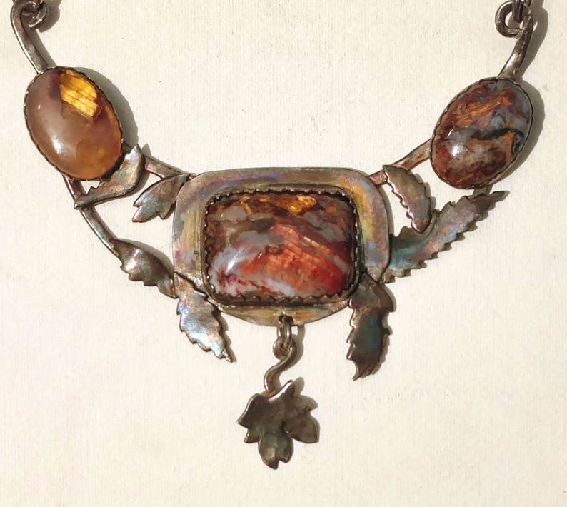 Rustic necklace, red rusty pietersite, oxidized silver, fallen leaves autumn style image 10