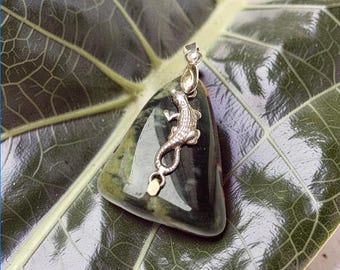 Tumbled Guatemalan Jade Triangle Pendant, Sterling Silver Lizard Necklace