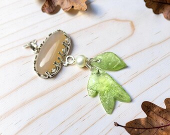 Raw Pakistan peridot leaf pendant, milk agate, sterling silver