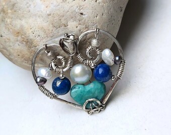 Sterling wire wrapped heart pendant, Lapis lazuli, amazonite, pearls