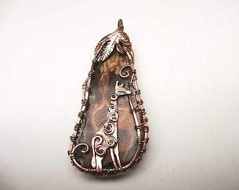 Giraffe pendant on a stone, picture jasper, copper wire wrapped