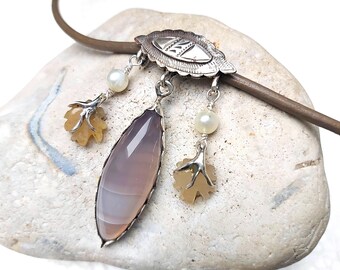 Banded agate bib necklace sterling silver, short necklace or choker, maple leaves, pearls, leather chain adjustable length