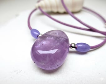 Raw tumbled Amethyst pendant, leather necklace, February birthstone, silver