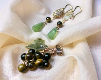 Handcrafted Grape Vine Jewelry Set, Tiger's Eye, Jade, Agate, Copper wire (Set or Individual)