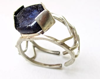 Large Hexagonal Blue Sapphire Ring, Sterling Silver Double Band, Custom Size Statement Ring