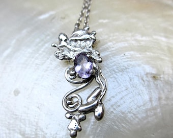 Tiny silver splash necklace, genuine amethyst charm, rope chain