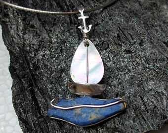 Sail boat necklace sodalite sterling silver, silver yacht necklace, mother of pearl white sail