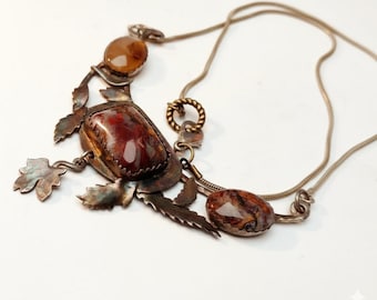Rustic Necklace, Red Rusty Pietersite, Oxidized Silver, Fallen Leaves Pendant