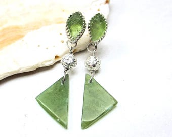 Green jade triangle dangles, sterling silver, wyoming jade, pakistani peridot