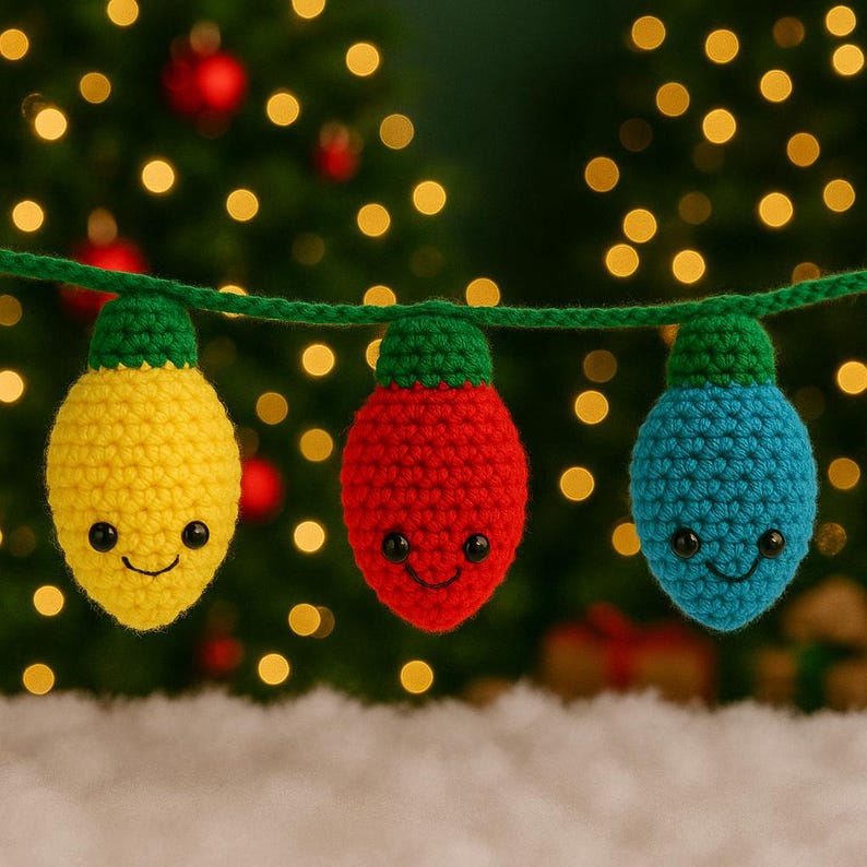 May include: A string of three crocheted Christmas light ornaments in yellow, red, and blue. Each bulb has a green cap and a smiling face. The lights are strung on a green yarn against a blurred background of a Christmas tree with bokeh lights.