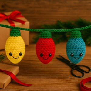 May include: A string of three crocheted Christmas light ornaments in yellow, red, and blue, each with a green base and smiling face. The lights hang against a backdrop of a wooden surface, gift boxes, and greenery.