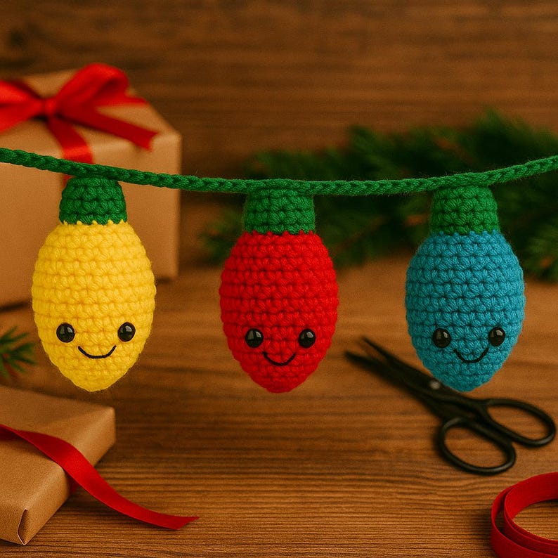 May include: A string of three crocheted Christmas light ornaments in yellow, red, and blue, each with a green base and smiling face. The lights hang against a backdrop of a wooden surface, gift boxes, and greenery.