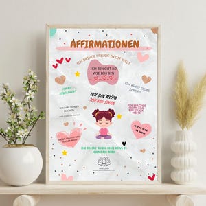 Puede incluir: Un cartel enmarcado con la palabra alemana "Affirmationen" en la parte superior. El cartel presenta afirmaciones en alemán, con ilustraciones de corazones, estrellas y una figura meditando. La paleta de colores incluye rosa, rojo y dorado.