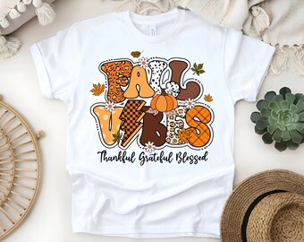 Custom Sublimated Vintage Fall Vibes T-Shirt: Cozy Thankful, Grateful and Blessed Autumn Tee