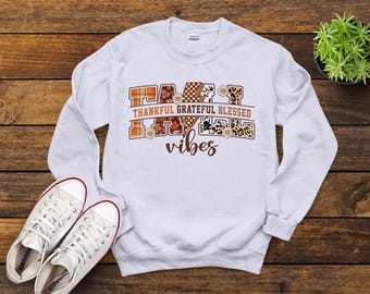 Custom Sublimated Vintage Fall Vibes T-Shirt: Cozy Thankful, Grateful and Blessed Autumn Tee