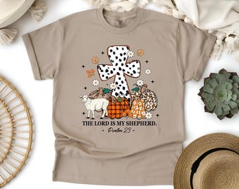 Psalm 23 Christian T-Shirt: Fall Faith Tee with Cross, Pumpkins & Sheep