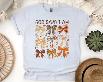 Vintage Fall Vibes T-Shirt: God Says I Am, Coquette Bows, Sublimated Autumn Tee