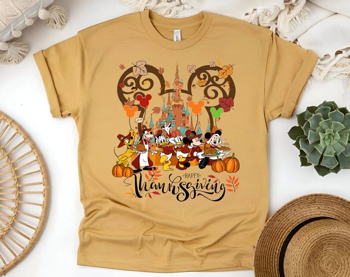 Featured listing image: Thanksgiving Disney Shirt, Mickey and Friends Castle Tee, Family Matching Fall Shirts, Disney Trip Thanksgiving Outfit