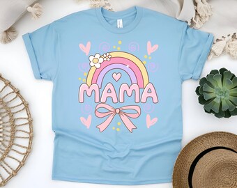 Custom Mama Shirt – Cute Pastel Rainbow & Bow T-Shirt, Mother’s Day Gift, Mommy Graphic Tee, Aesthetic Mama Shirt, Mom Life Outfit