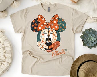 Fall Patchwork Mickey & Minnie Mouse T-Shirts, Vintage Disney Couple Tees, Cute Matching Shirts for Disney Trip