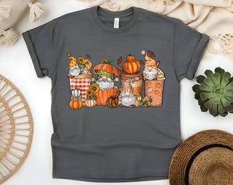 Custom Gnome Coffee and Pumpkins Fall T-Shirt: Cozy Fall Tee