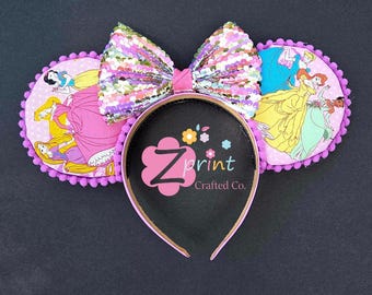 Disney Princess Mouse Ears Headband, Handmade Princess Ears with Sequin Bow, Disney Park Ears, Cinderella Belle Ariel Aurora