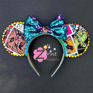 Mouse Ears, Star Wars Inspired Disney Headband Ears with Comic Book Print and Sequin Bow, Handmade Foam Ears for Kids and Adults