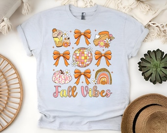Custom Sublimated Vintage Bow Coquette Fall Vibes T-Shirt: Cozy Girly Autumn Tee