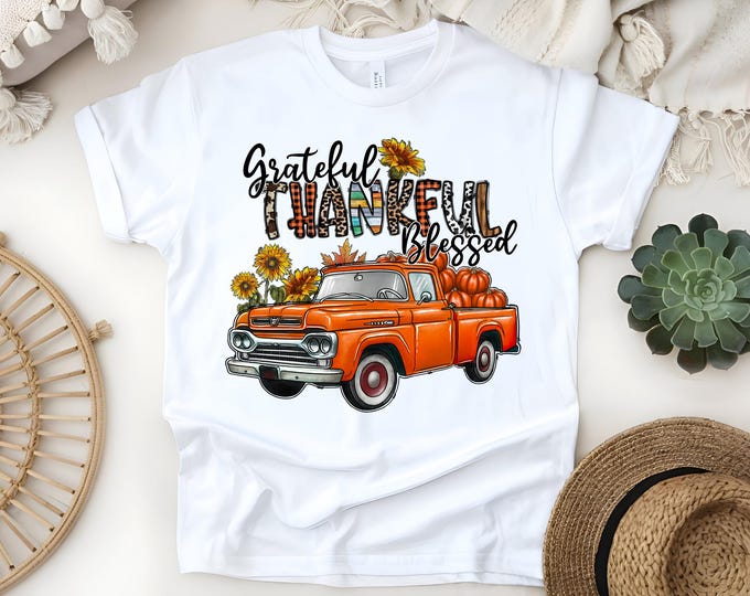 Featured listing image: Custom Grateful Thankful and Blessed Orange Truck Fall T-Shirt: Cozy Fall Tee