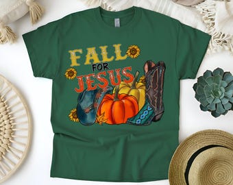 Custom Fall for Jesus T-Shirt: Cozy Pumpkin Cowgirl Boot Fall Tee