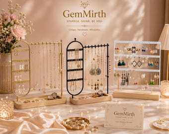 May include: Three jewelry organizers with wooden bases, featuring gold, black, and white metal frames. The displays hold various necklaces and earrings. Text on the image reads GemMirth, SPARKLE. SHINE. BE YOU. Unique. Handmade. Affordable.