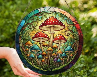 Mushroom Suncatcher, Fly Agaric Mushroom Stained Glass Style Suncatcher, Mushroom Lover Gift for Her, Whimsical Forest Window Hanging