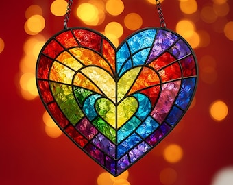 Rainbow Heart Sun Catcher, Pride Gift for Her, LGBTQ Gift, Lesbian Couple Gift, Gay Pride Decor, Anniversary Gift, Colorful Window Hanging