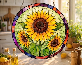 Sunflower Stained Glass Style Suncatcher, Sunflower Lover Gift for Her, Bright Yellow Flower Window Hanging, Summer Home Decor Gift