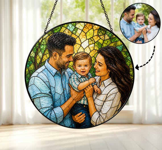 A custom family portrait transformed into a light-catching sun catcher — portrait art that doubles as living room decor that glows.