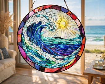 Atrapasueños de olas del océano, regalo para ella, decoración para amantes de la playa, adorno costero para ventana, arte relajante con vidrio marino, regalo para amantes del océano
