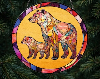 Custom Name Bear Family Suncatcher, Stained Glass Style, Colorful Wildlife Window Decor