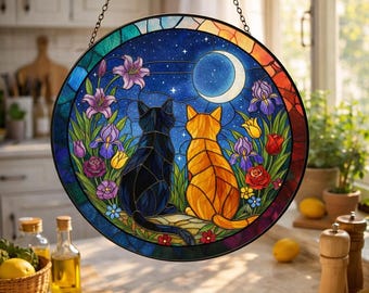 Geschenk für Katzenliebhaber, Schwarz-Orange-farbener Katzen-Sonnenfänger, süßes Katzenmama-Geschenk, Haustier-Memorial-Fensterbehang, einzigartiges Katzendekor