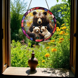 Bear Family Stained Glass Suncatcher: Mountain Sunset Window Decor