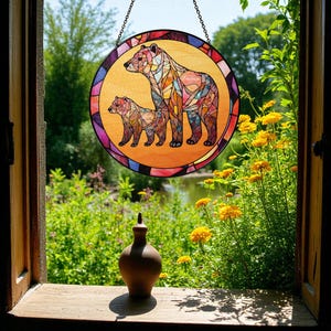 Stained Glass Bear Family Suncatcher: Mountain Sunset Window Decor
