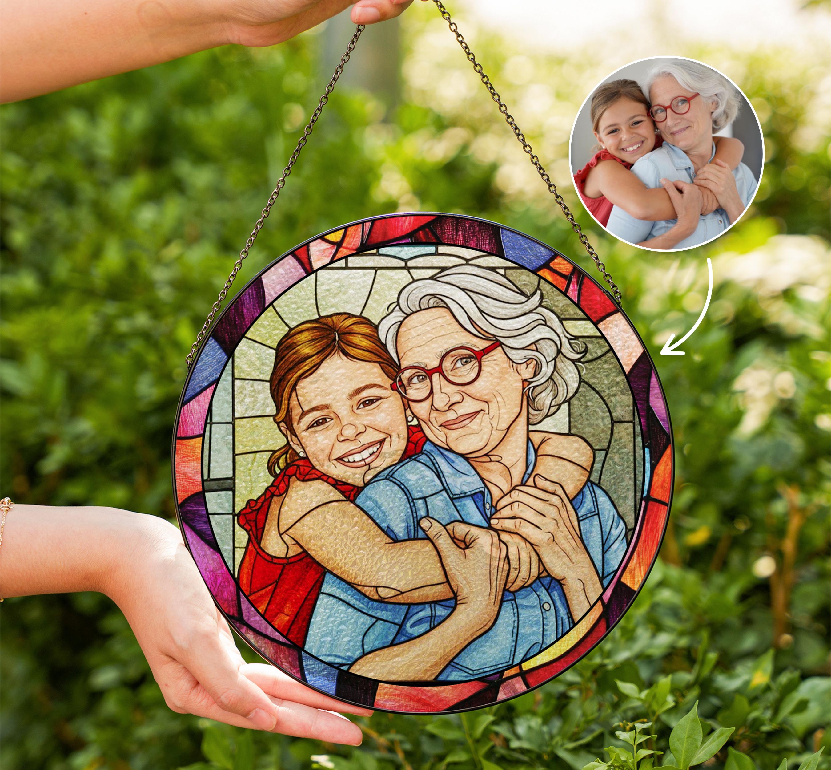 Christine Rosamondの額入りプリント ガラスウォールデコ Personalized Stained Style Glass Portrait Suncatcher, Custom Photo