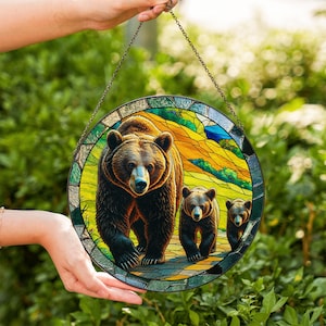 Bear Family Stained Glass Suncatcher: Mountain Sunset Window Decor