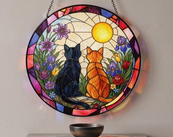 Black & Orange Cat Couple Stained Glass Suncatcher, Moon Window Hanging, Romantic Cat Lover Decor, Gift for Mom, Garden Home Art