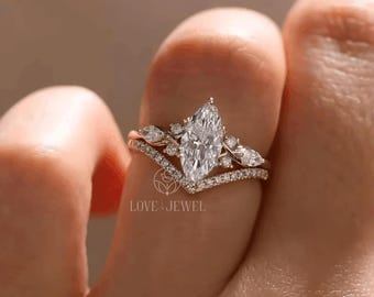 Marquise geslepen moissaniet verlovingsring set, unieke 14K massief gouden bruidssieraden, diamantcluster bruiloft stapelband.